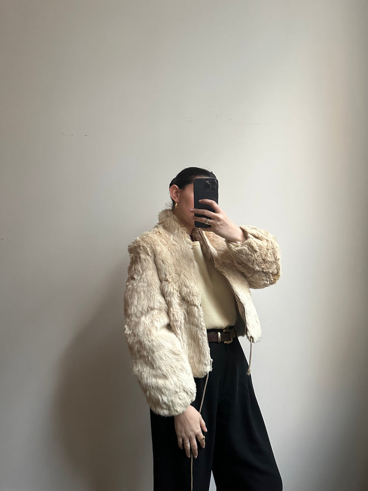 Vintage Rabbit Fur Cream Zip-Up Jacket Size Small