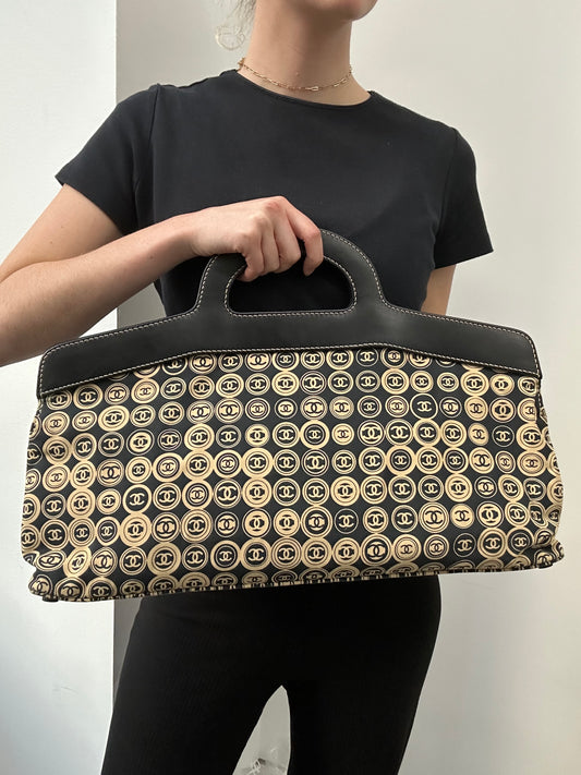 Chanel Beige + Black Coin Top Handle Bag