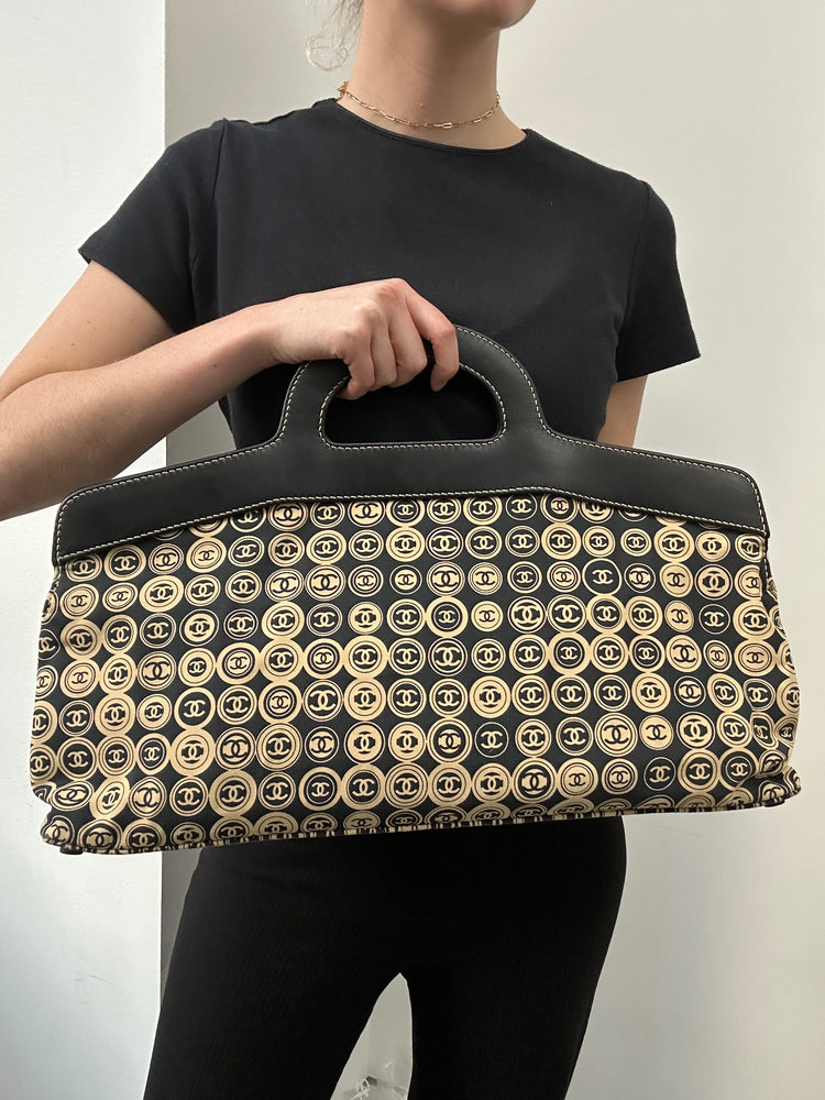 Chanel Beige + Black Coin Top Handle Bag