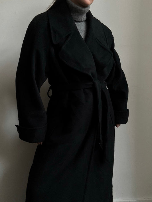 Vintage Black Pure Cashmere Belted Coat Size Large