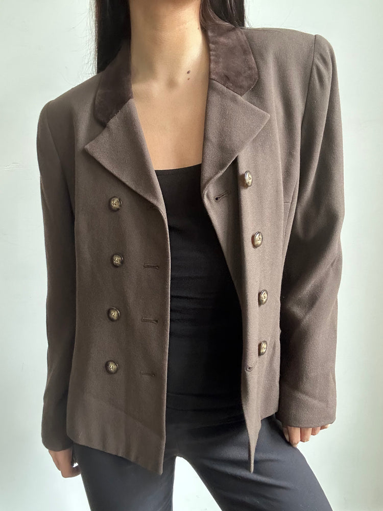 Vintage Double-Breasted Brown Blazer + Dark Brown Velvet Collar Size 6