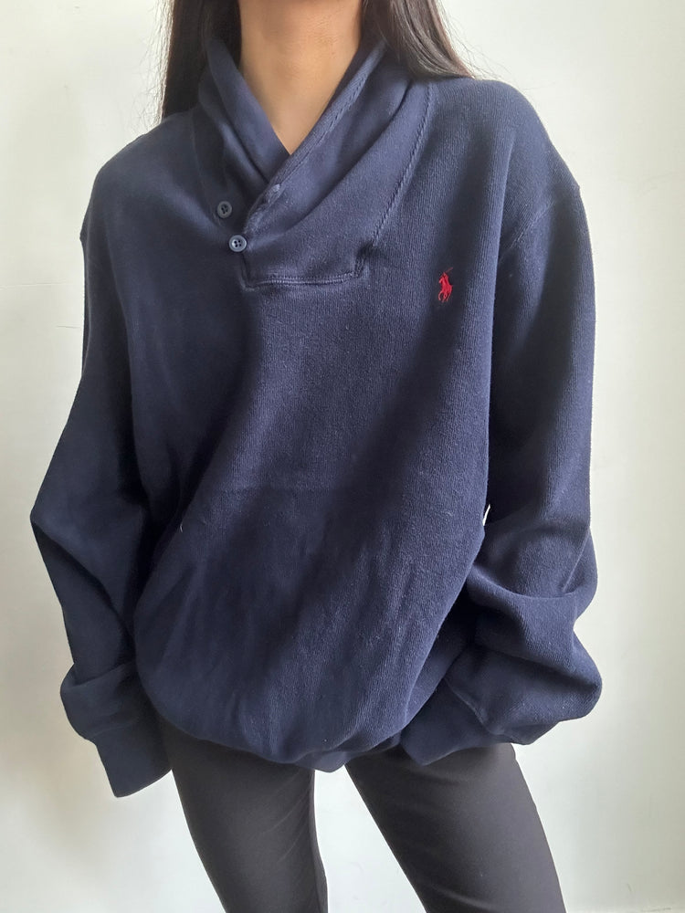 Vintage Polo Ralph Lauren Navy Blue Pullover + Shawl Collar Extra Large