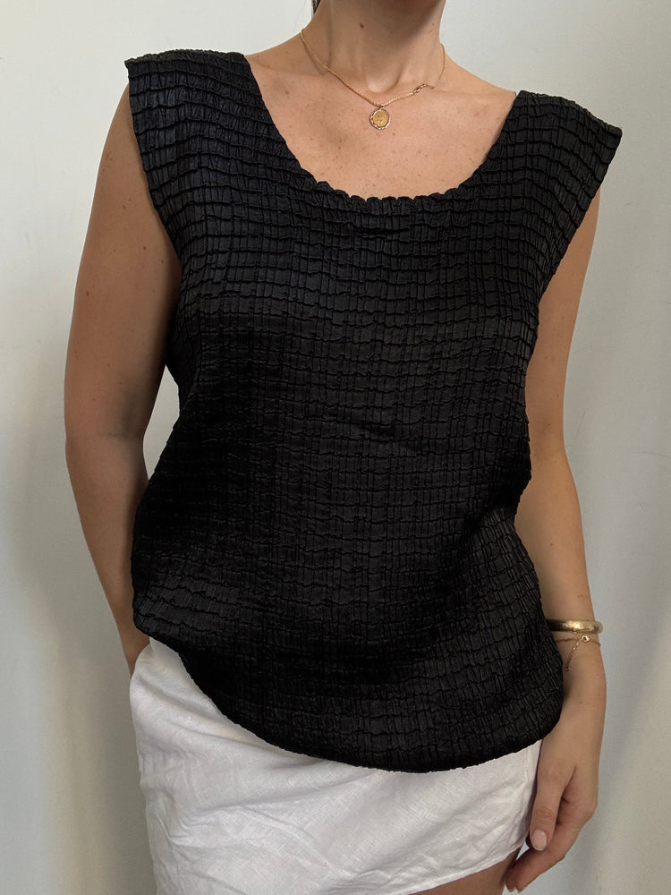 Vintage Black Crushed Taffeta Blouse Size XL
