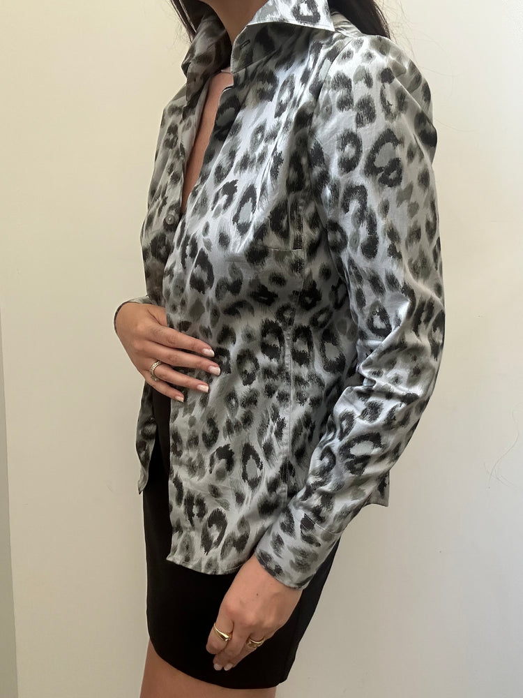 Vintage Cheetah Silver Buttoned Blouse Size Small