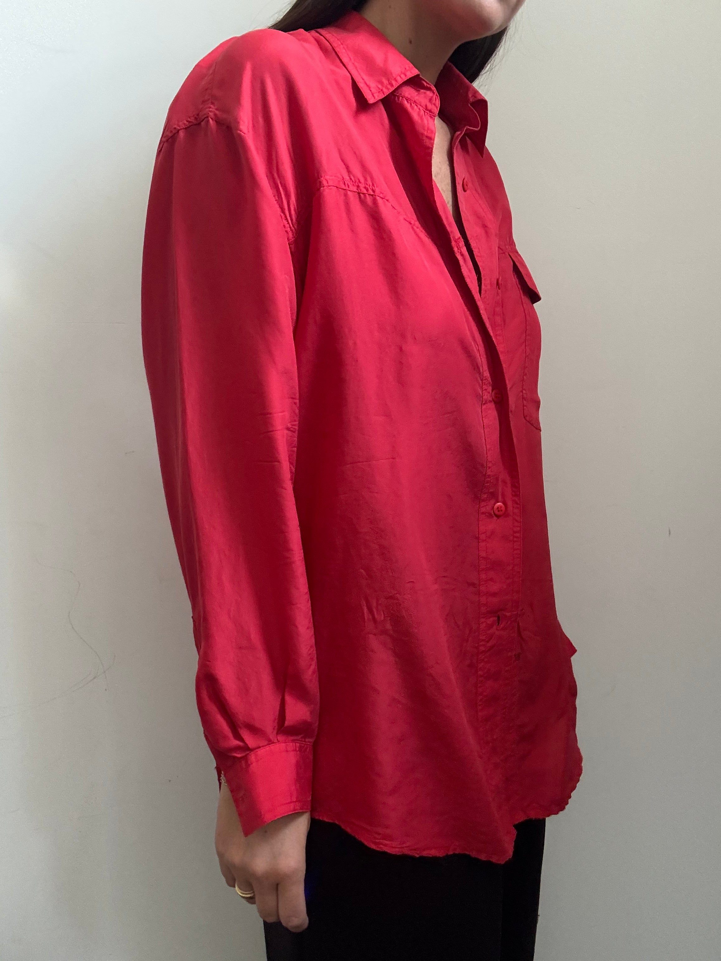 Vintage Red Silk Button Up Blouse Size Medium