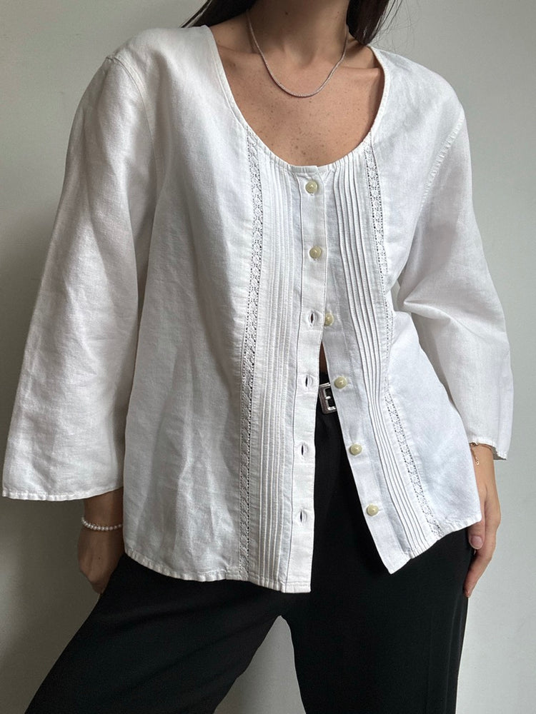 Vintage White Wide Sleeve Blouse + Lace Trim Size Large