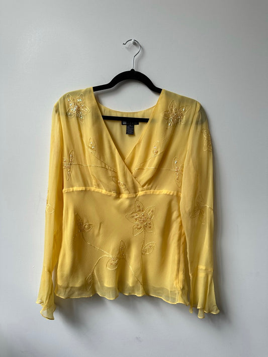 Vintage Yellow Silk Blouse With Floral Motifs Size Medium