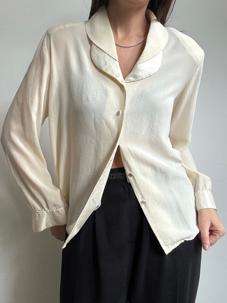 Vintage Cream Silk Button Up With Layered Collar Size M
