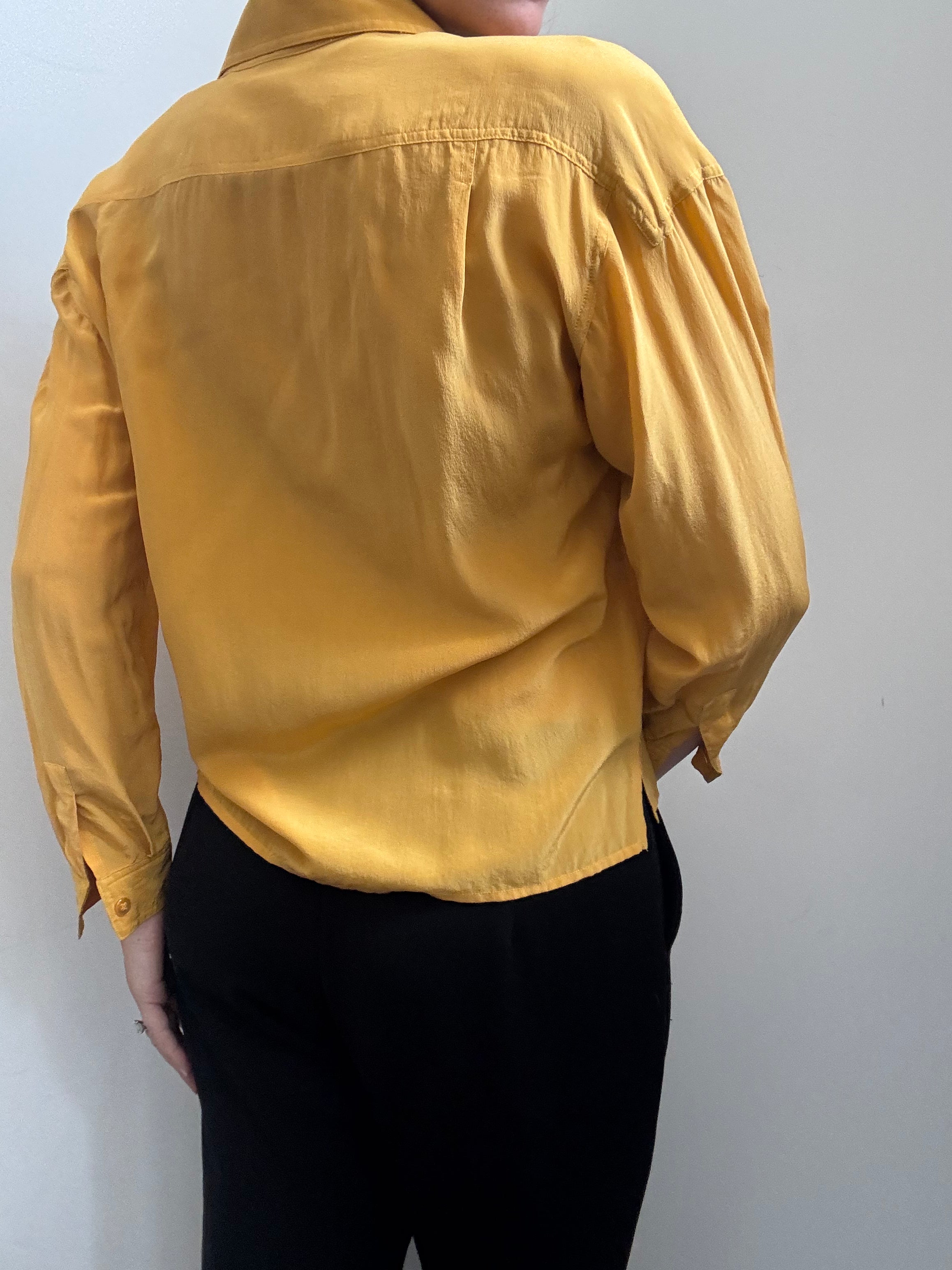 Vintage Mustard Yellow Silky Button Up Blouse Size Small