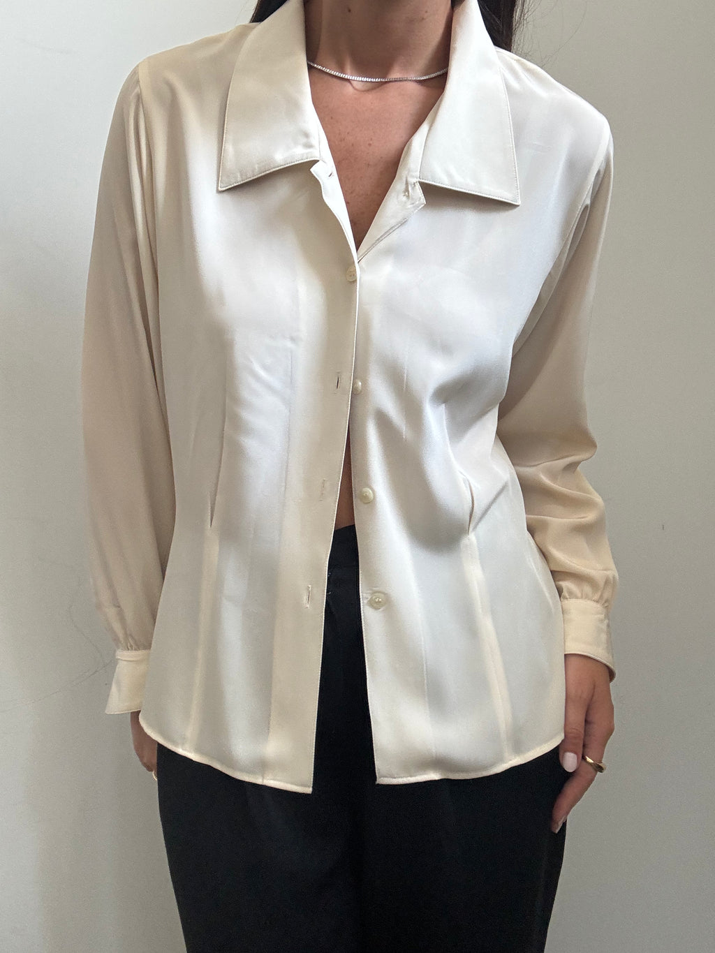 Vintage Beige Silky Button-Up Blouse Size Medium