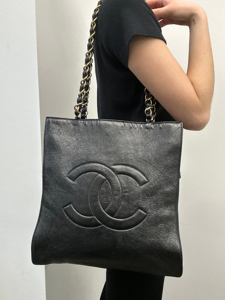 Chanel 2020 Black Calfskin Leather Vertical Tote Bag