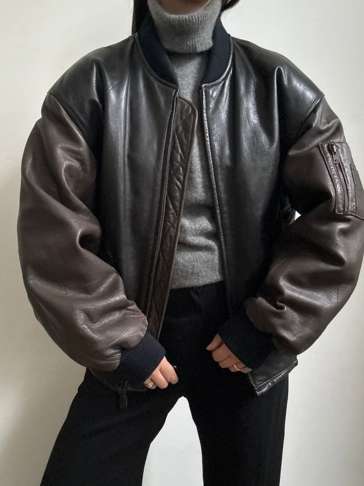 Vintage Chocolate Brown + Black Leather Bomber Size Medium/Large