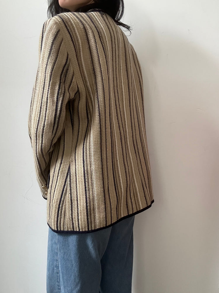 Vintage Navy Blue + Tan Striped Collarless Wool Blazer Size Large