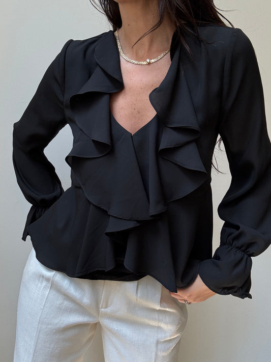 Vintage Black Ruffled Blouse Size Small