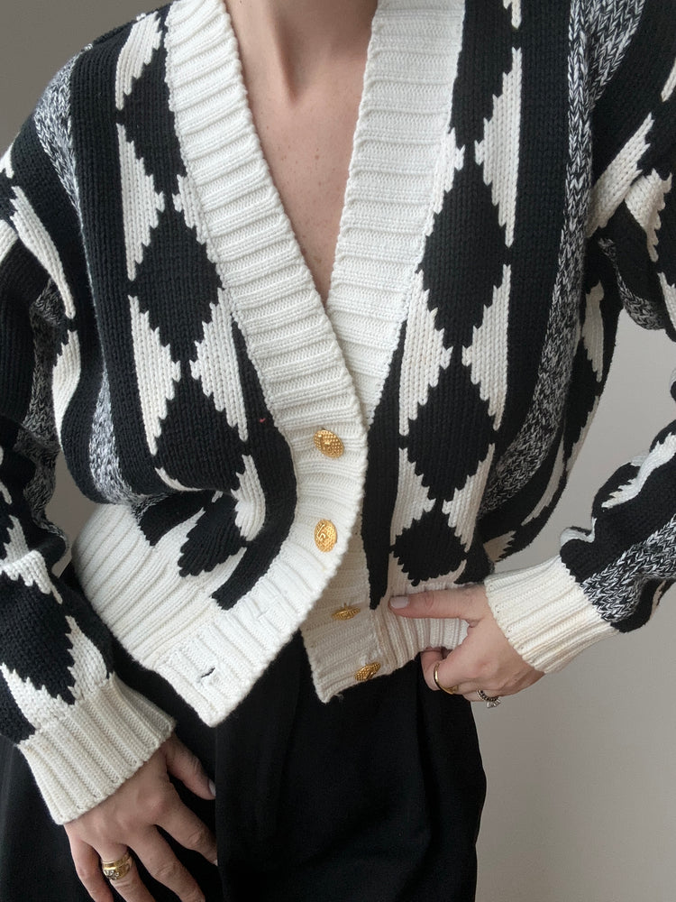 Vintage Black and White Argyle Cropped Cardigan Size Small