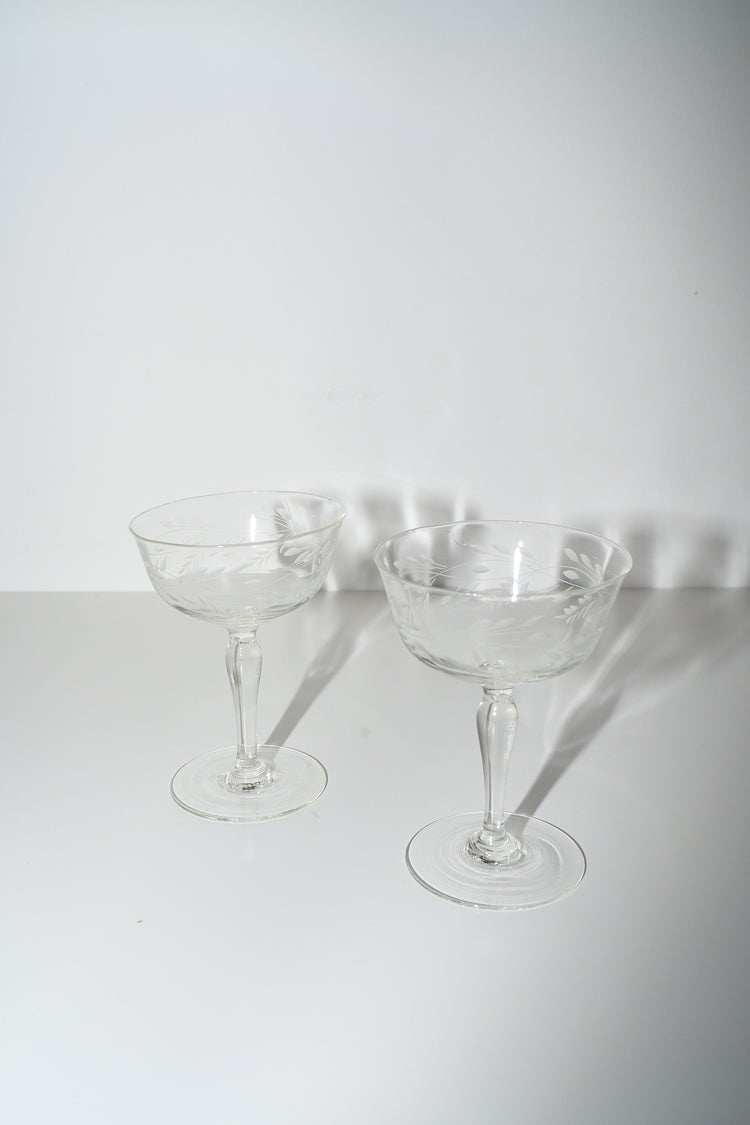 Vintage Crystal Coupes with Floral Leaf Detail Set of 2