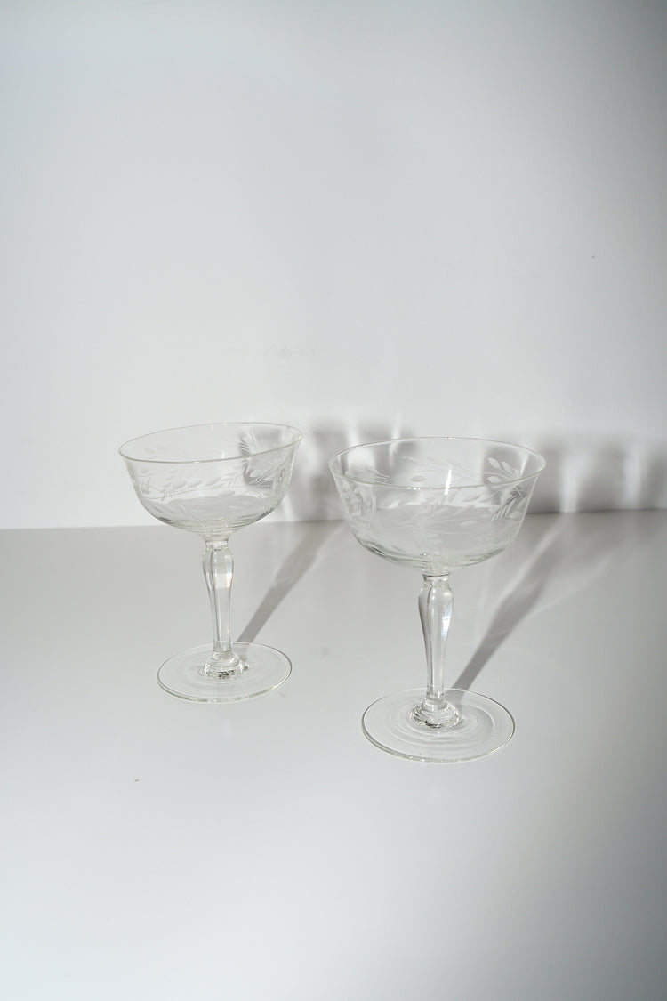 Vintage Crystal Coupes with Floral Leaf Detail Set of 2