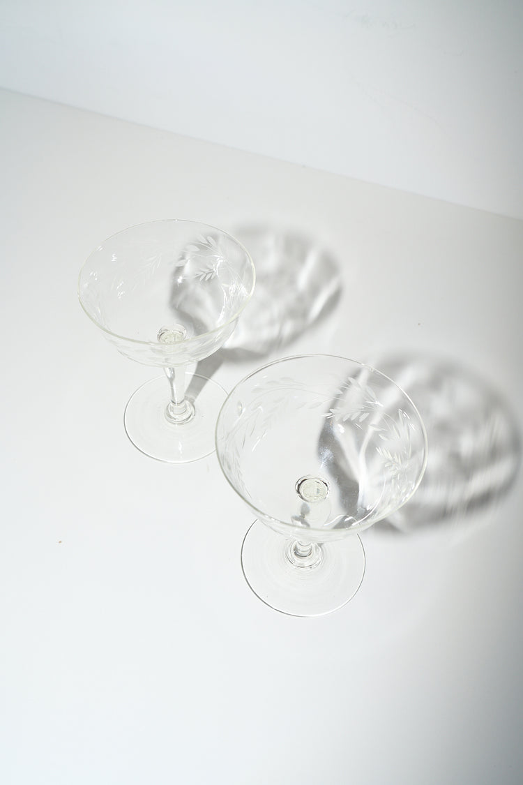 Vintage Crystal Coupes with Floral Leaf Detail Set of 2