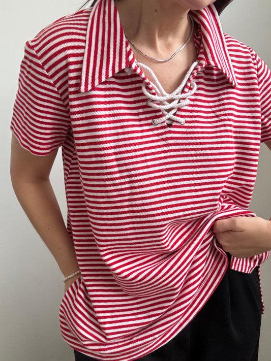 Vintage Cotton Red Striped Polo Size Medium