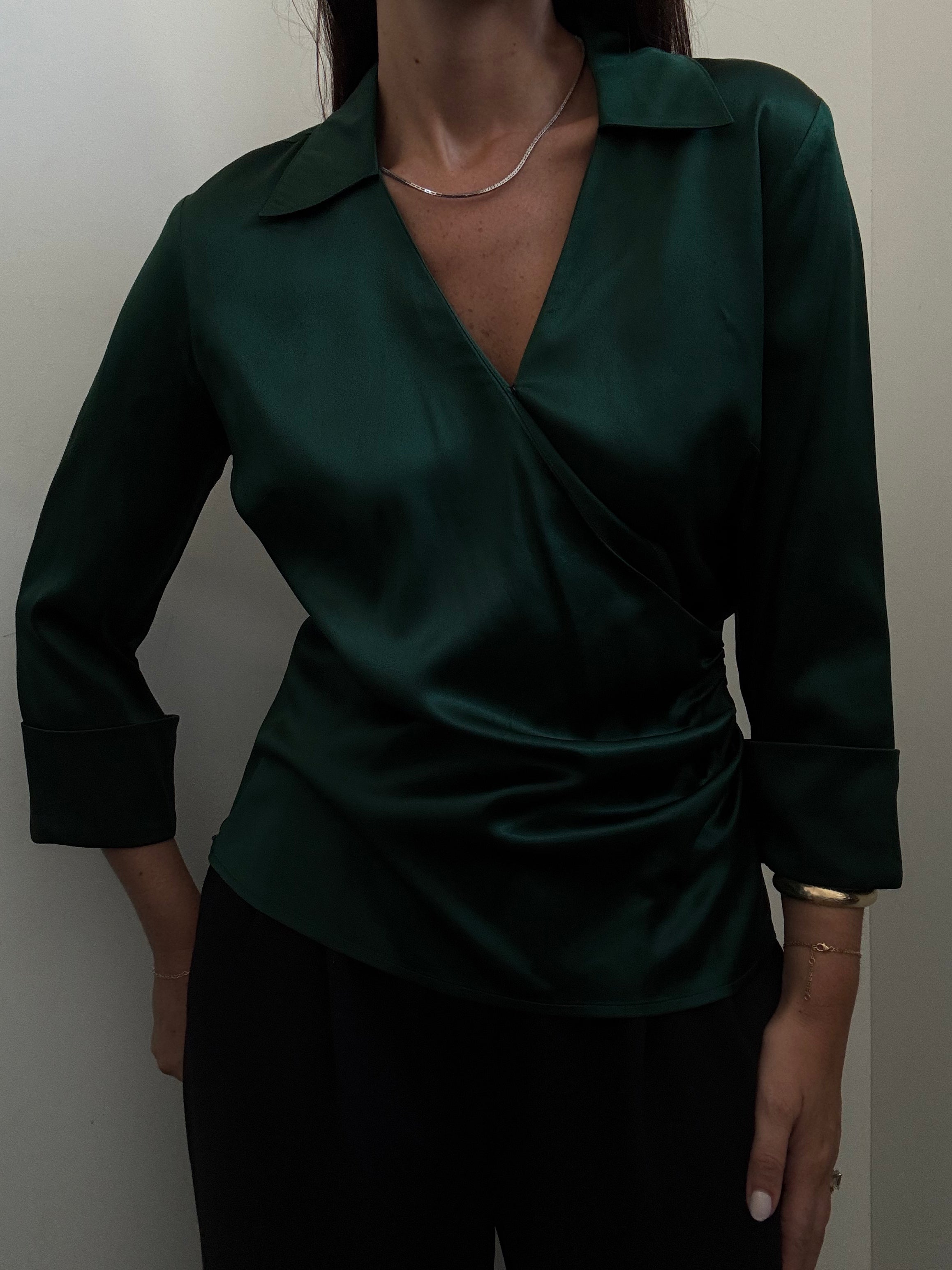 Vintage Forest Green Silky Wrap Top Size Medium