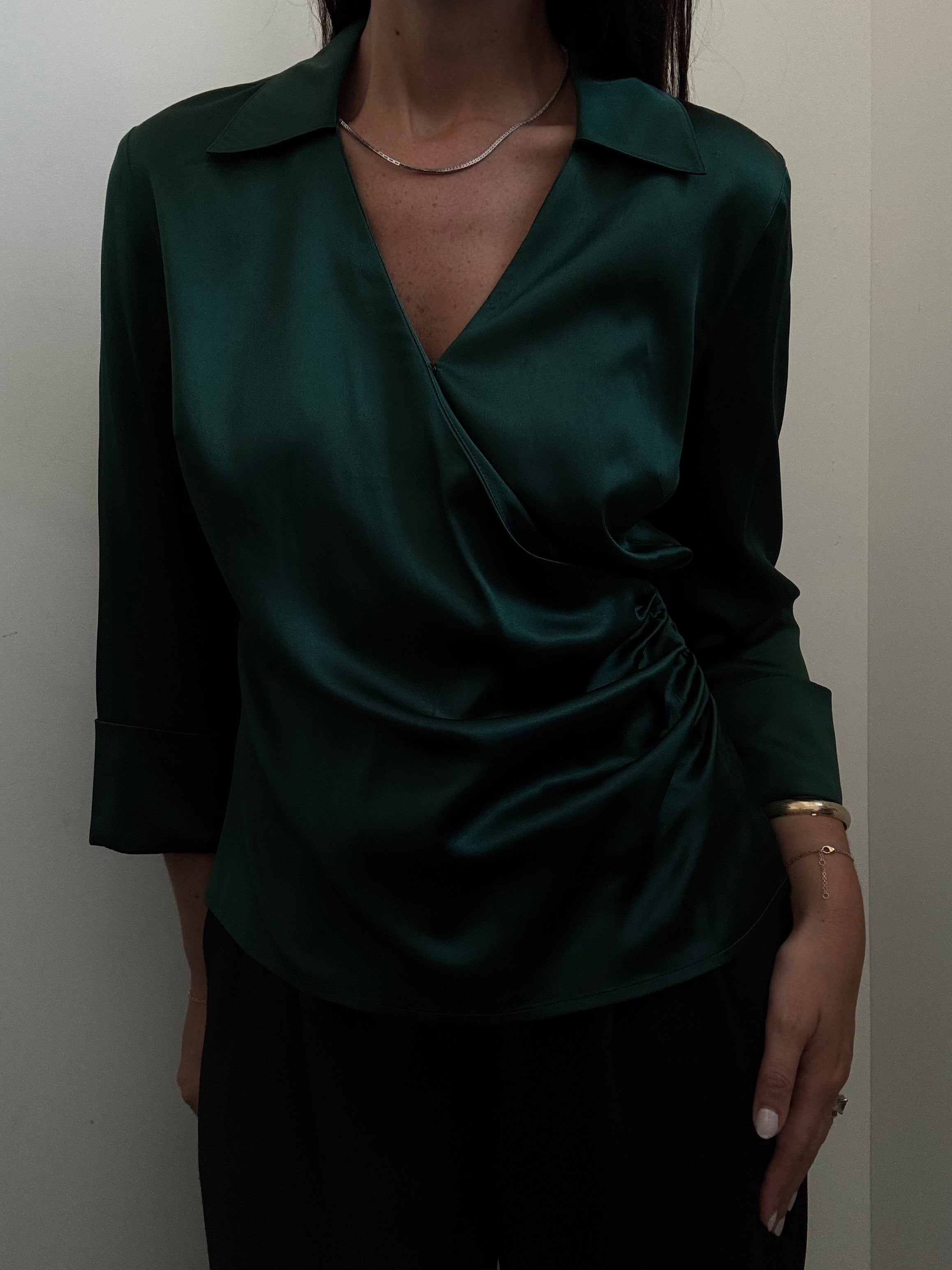 Vintage Forest Green Silky Wrap Top Size Medium