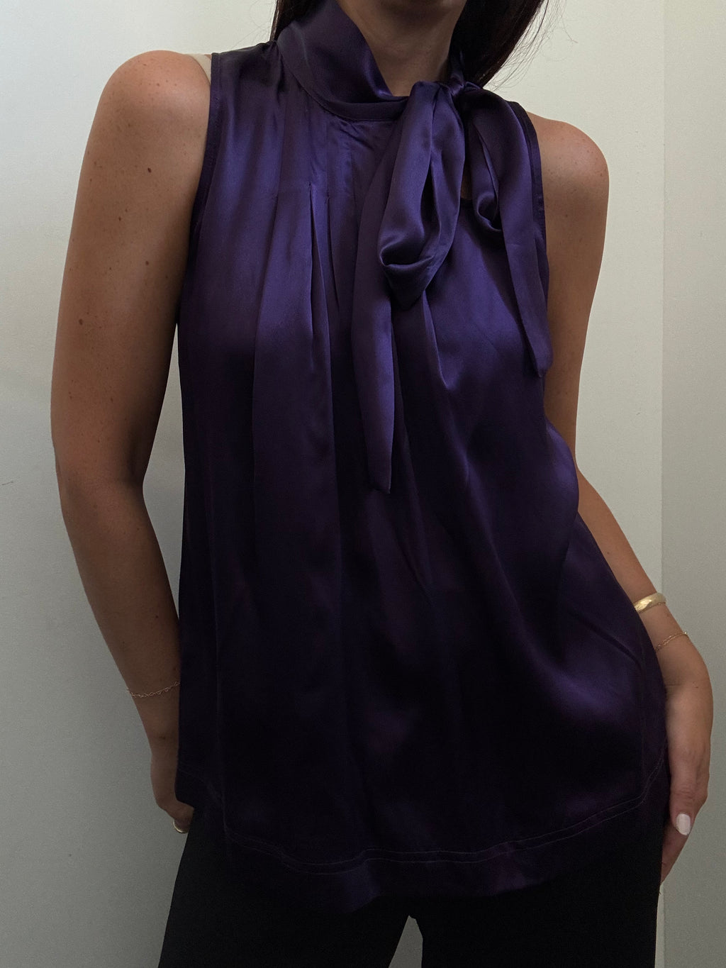 Vintage Silk Purple High-Neck Sleeveless Pleated Blouse Size Medium
