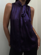 Vintage Silk Purple High-Neck Sleeveless Pleated Blouse Size Medium