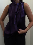Vintage Silk Purple High-Neck Sleeveless Pleated Blouse Size Medium