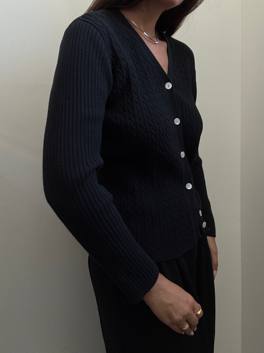 Vintage Tommy Hilfiger Black Cotton Cable Knit Cardigan Size Small