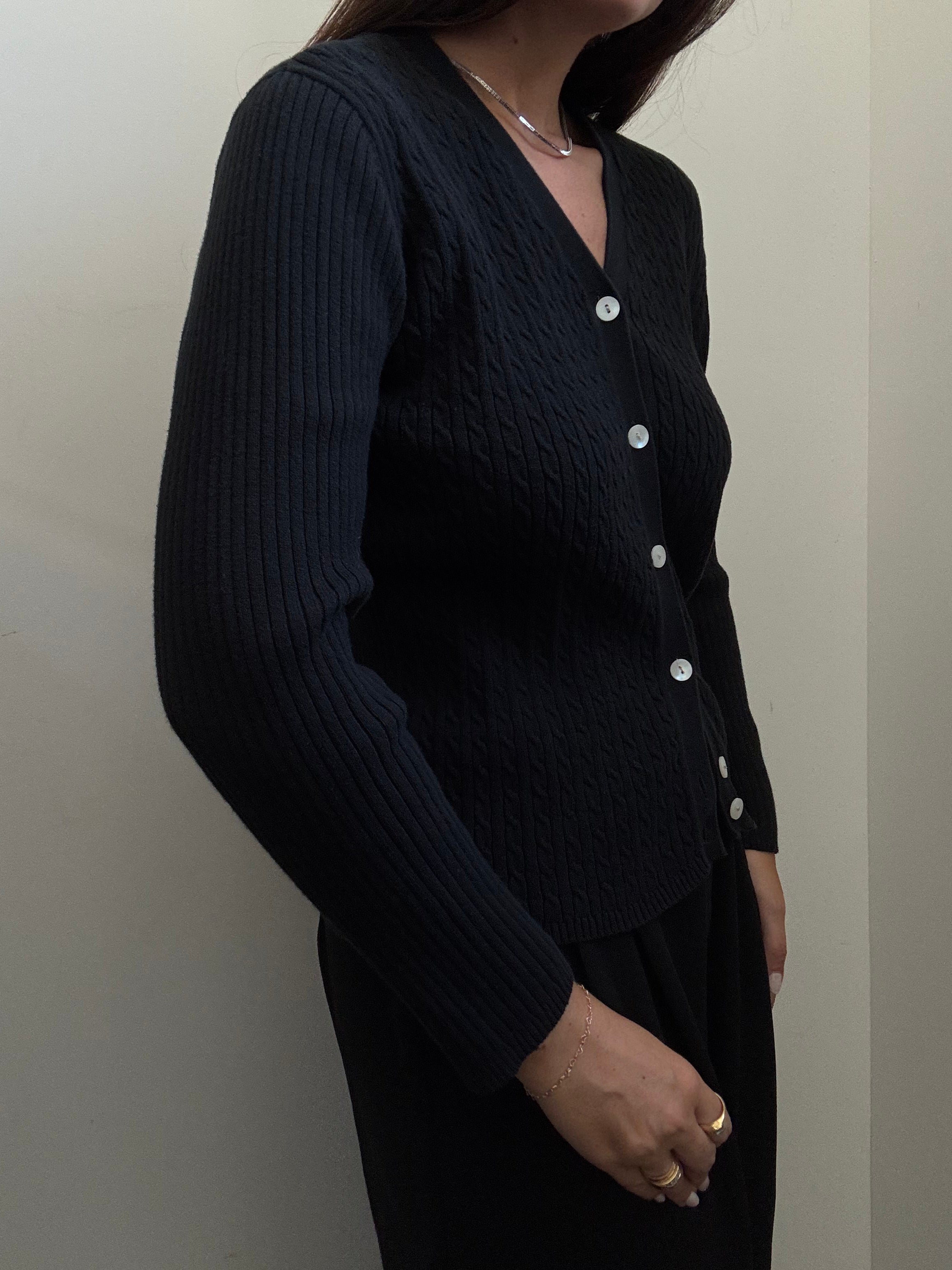 Vintage Tommy Hilfiger Black Cotton Cable Knit Cardigan Size Small