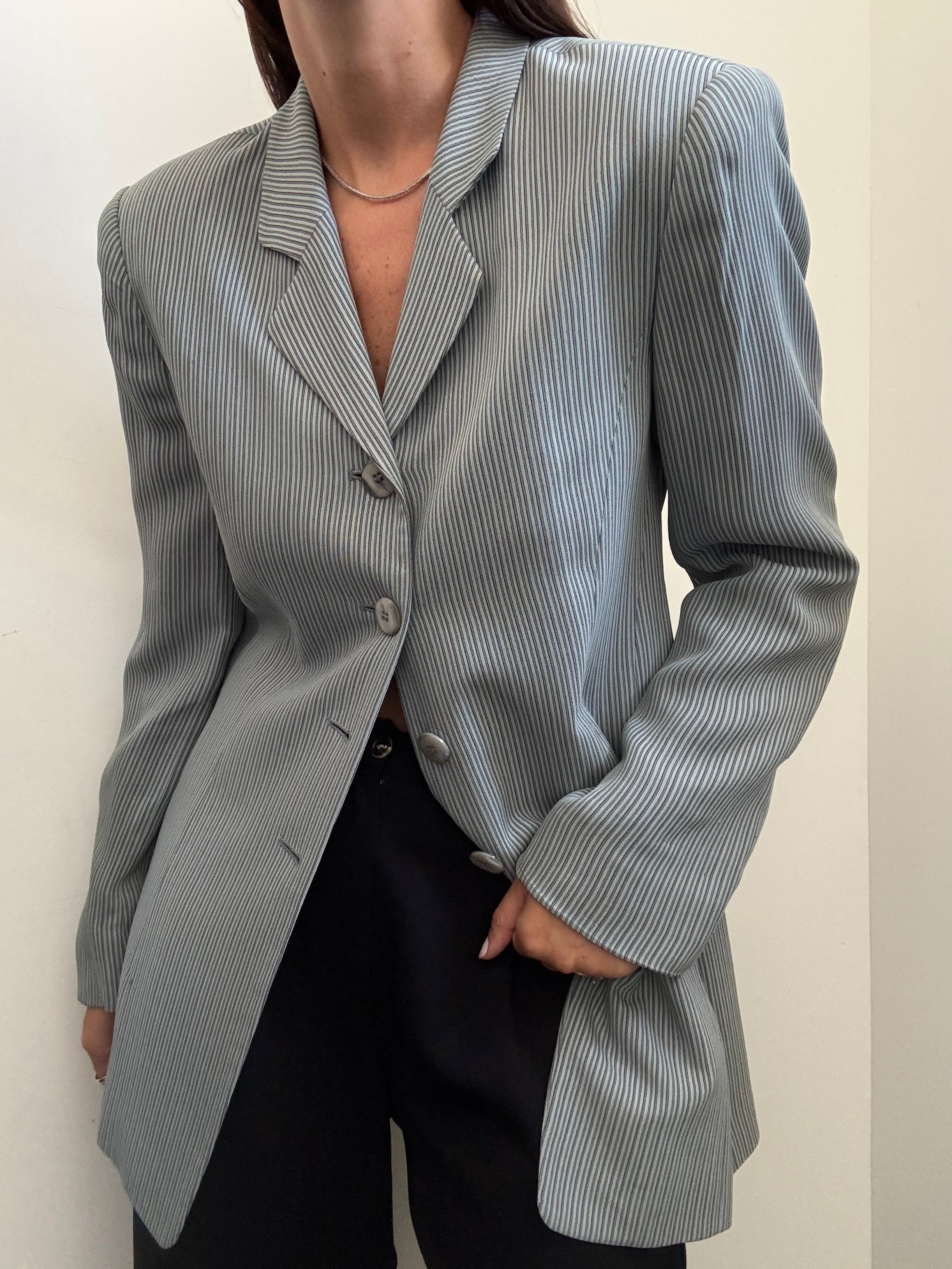 Vintage Ash Blue Striped Fitted Blazer Size Small