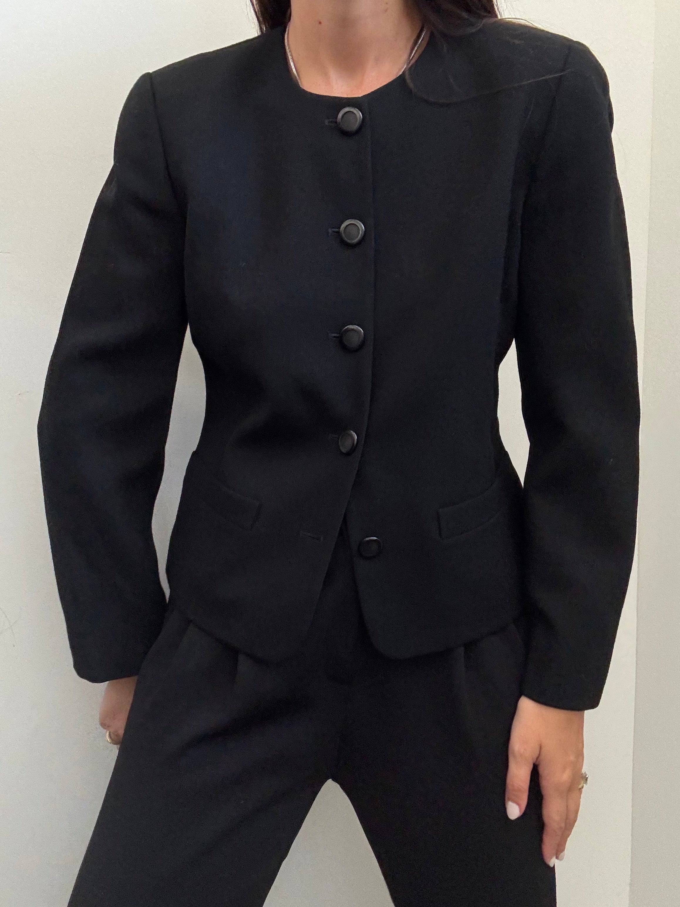 Vintage Black Wool Collarless Blazer Size Small