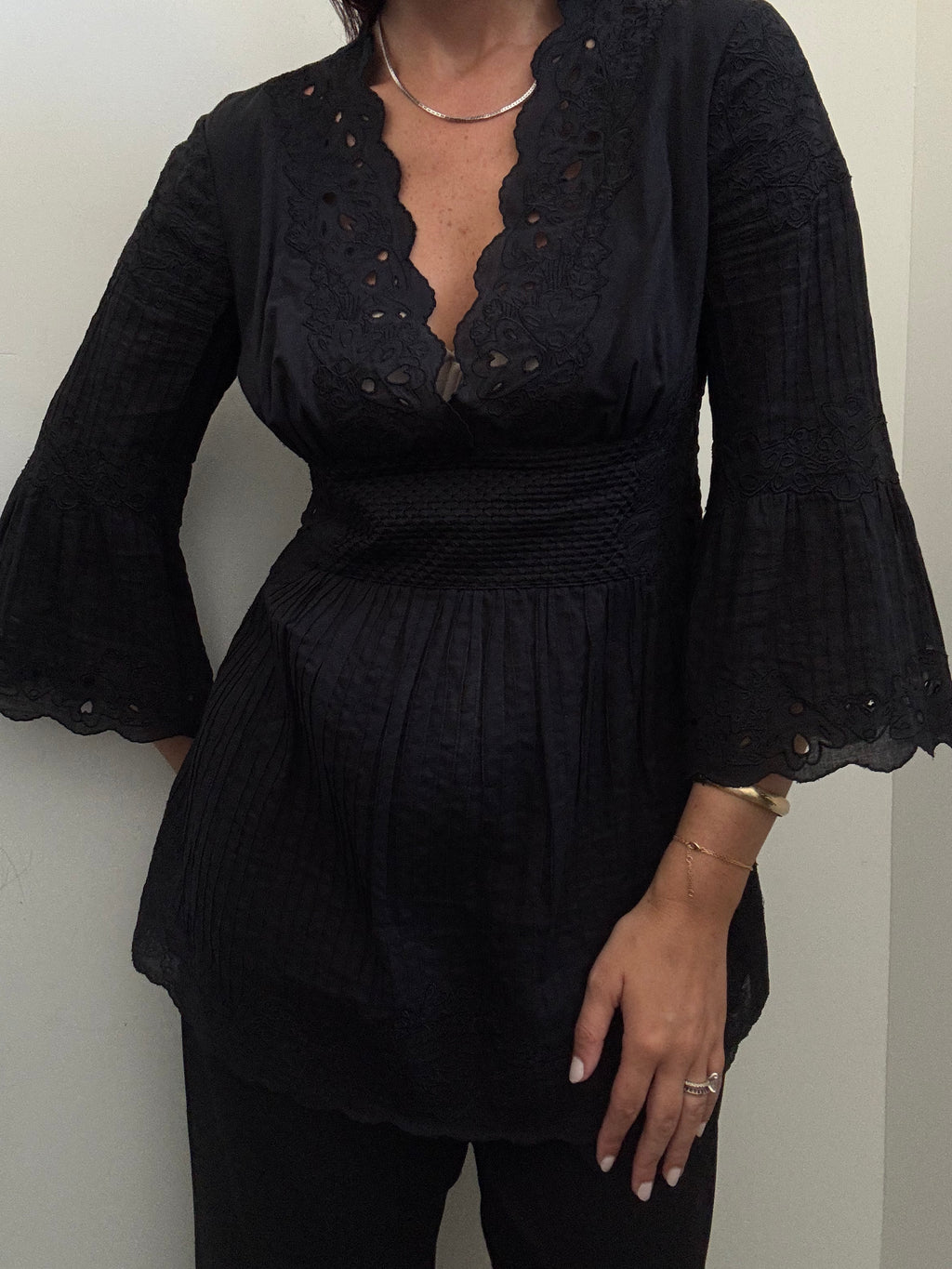 Vintage Black Cotton Cinched Eyelet V-Neck Blouse Size Small