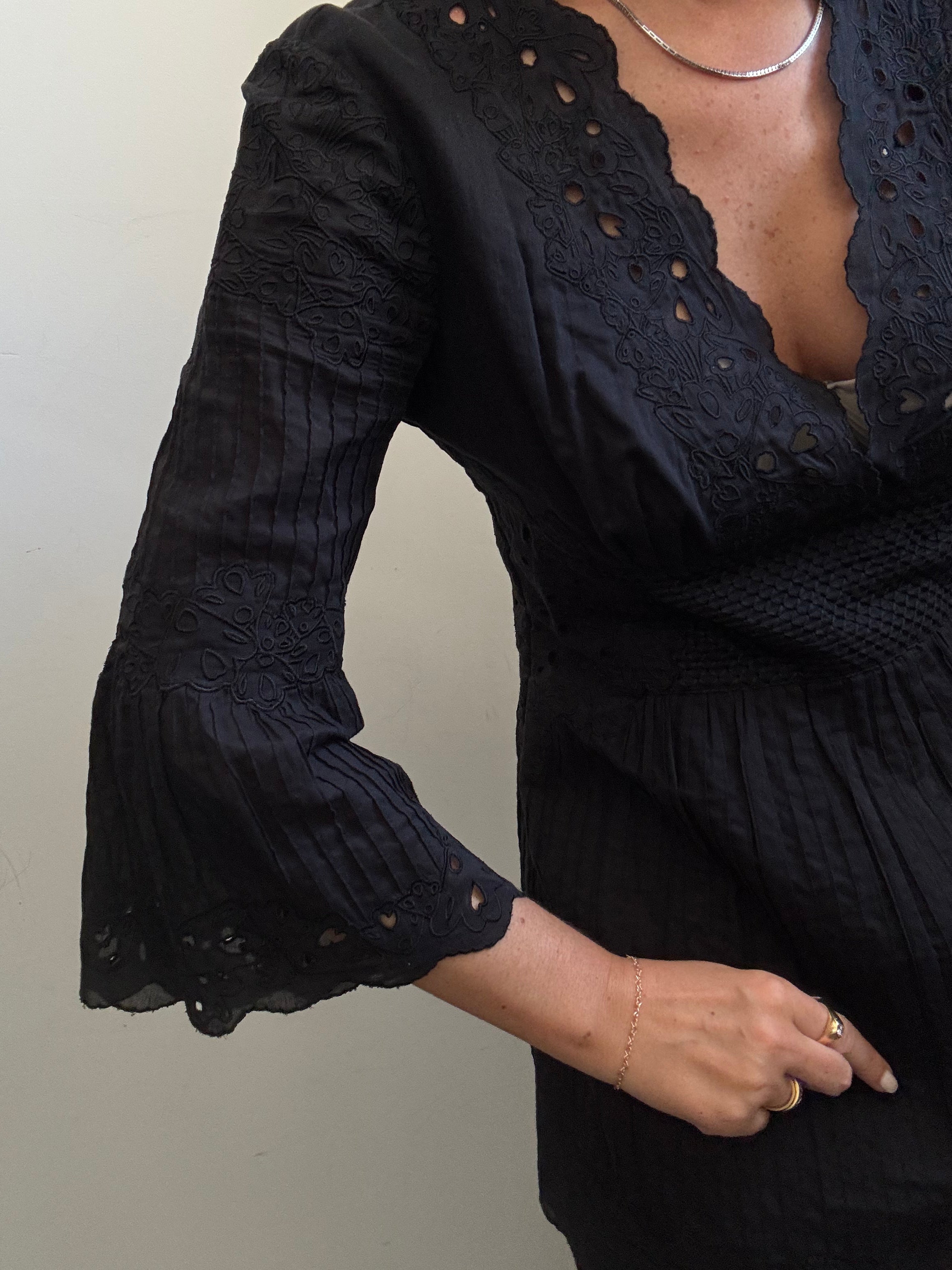 Vintage Black Cotton Cinched Eyelet V-Neck Blouse Size Small
