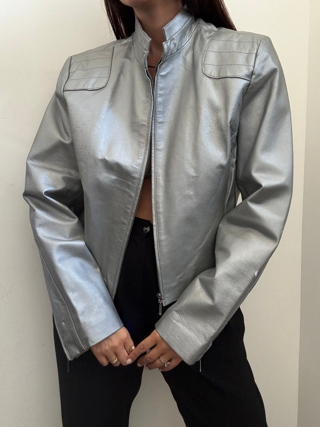 Vintage Silver Stand Collar Leather Jacket Size Medium