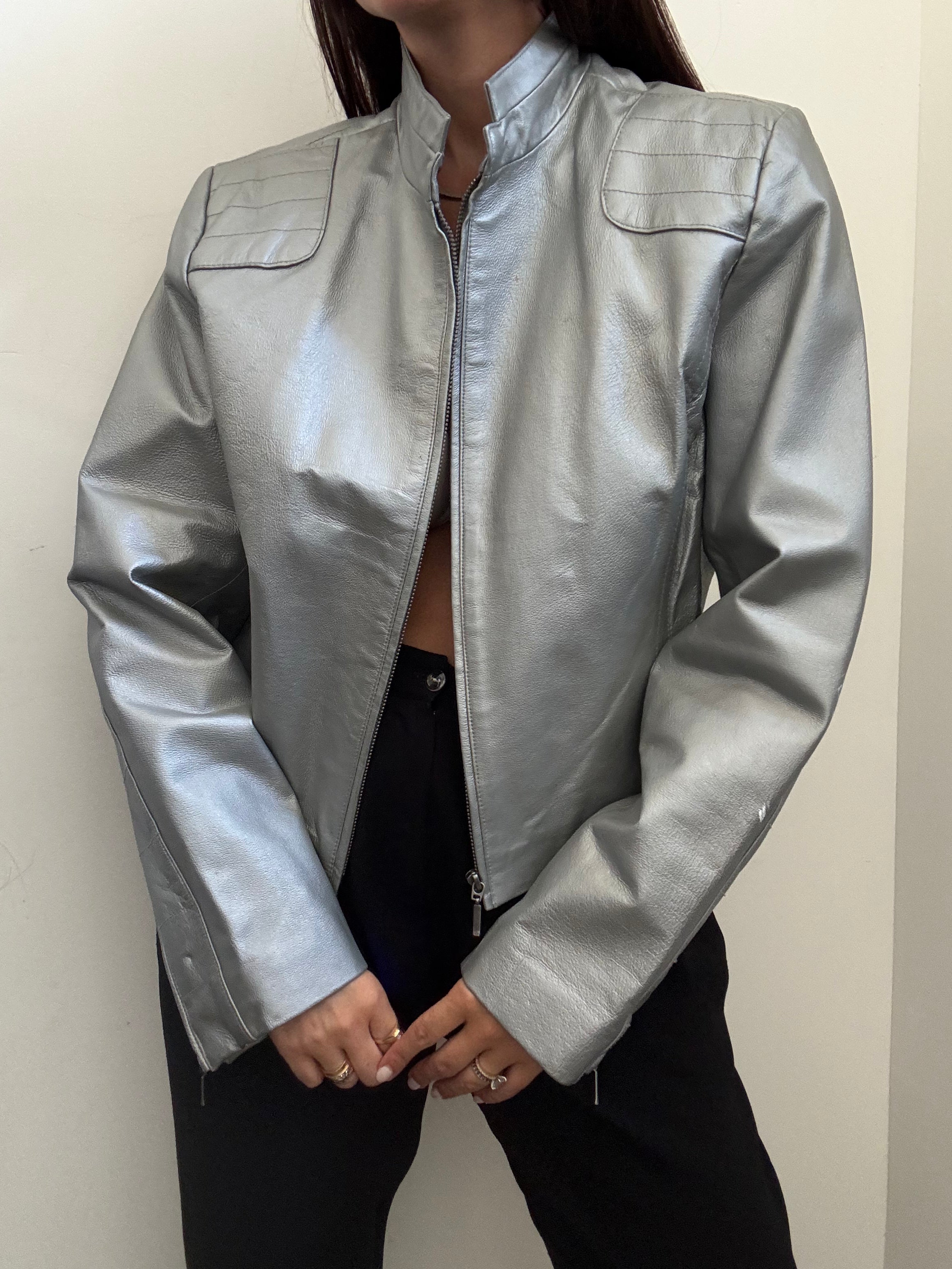 Vintage Silver Stand Collar Leather Jacket Size Medium