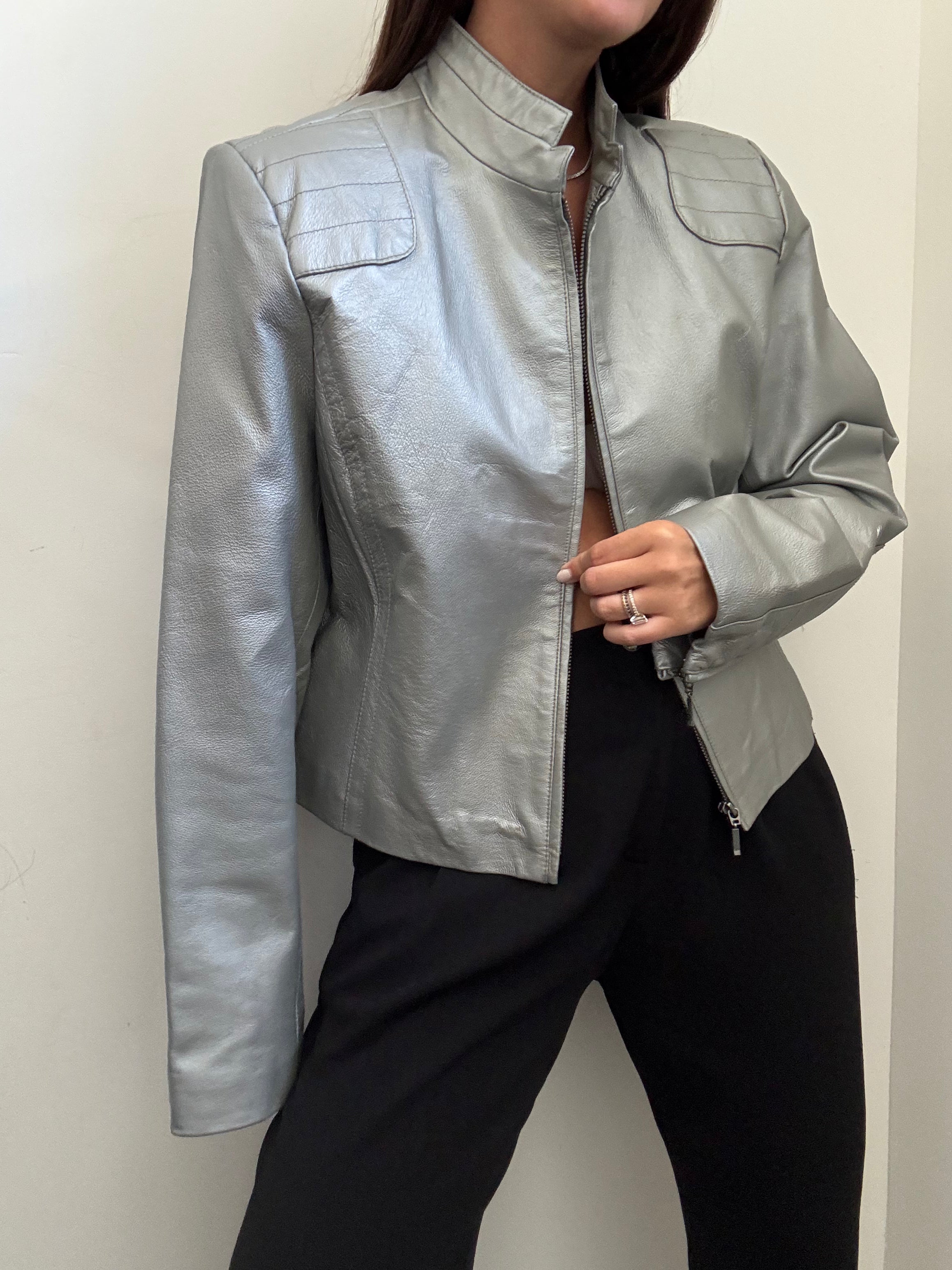 Vintage Silver Stand Collar Leather Jacket Size Medium
