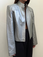Vintage Silver Stand Collar Leather Jacket Size Medium