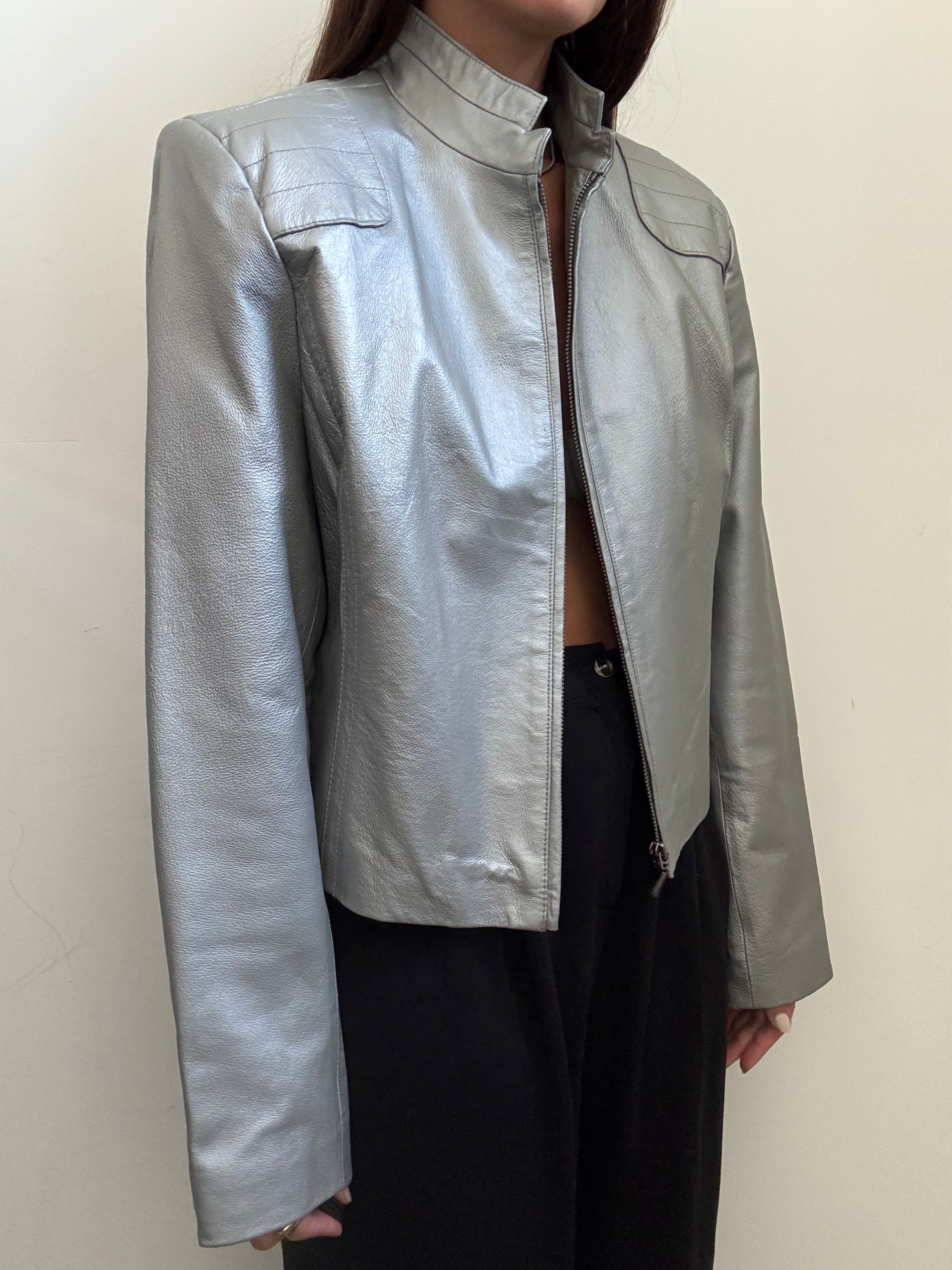 Vintage Silver Stand Collar Leather Jacket Size Medium