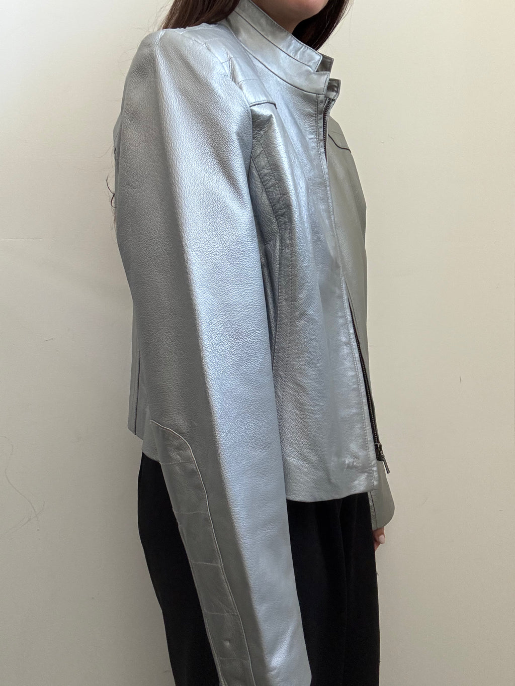 Vintage Silver Stand Collar Leather Jacket Size Medium
