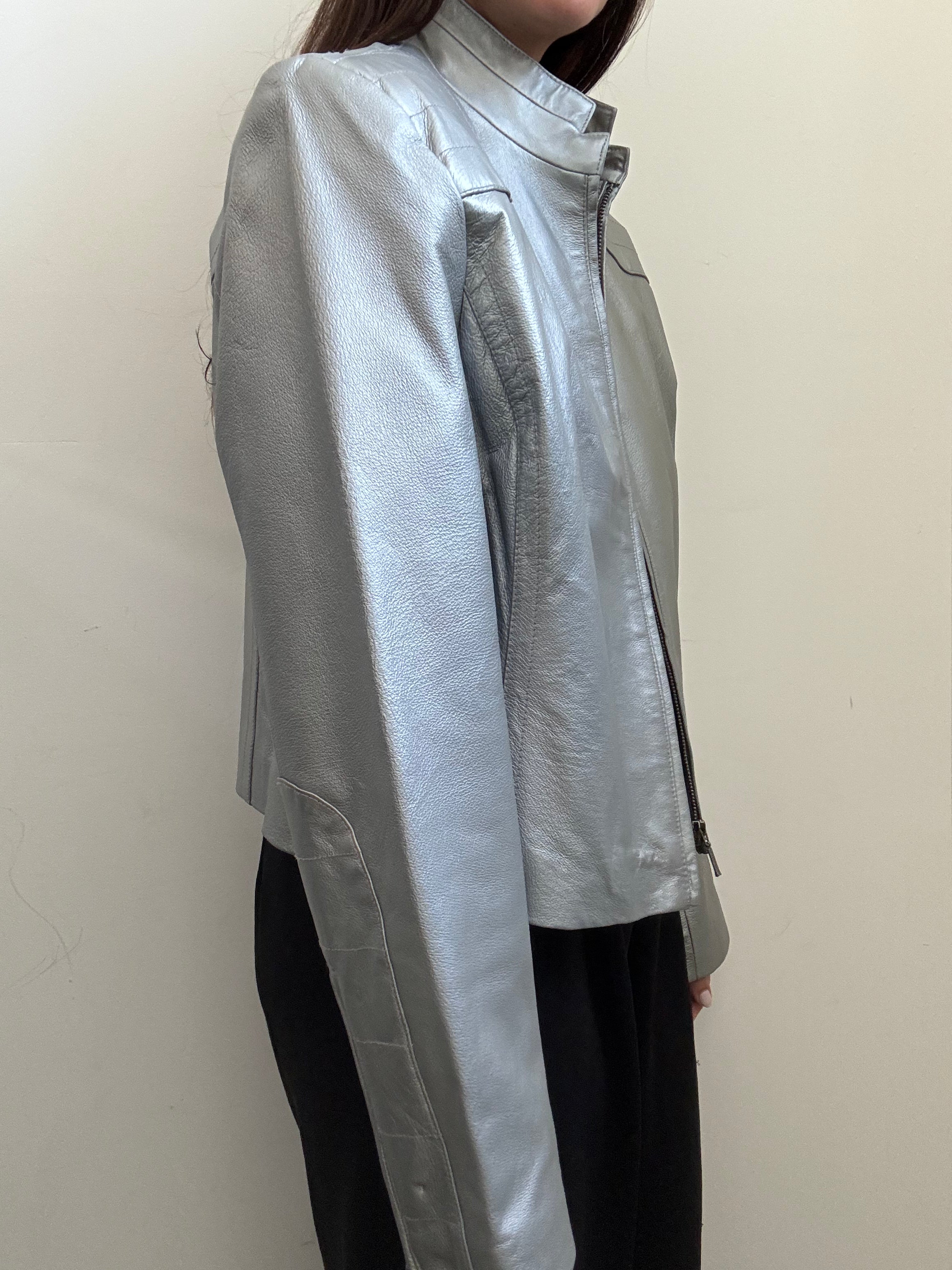 Vintage Silver Stand Collar Leather Jacket Size Medium