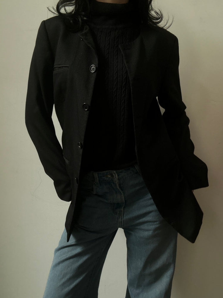 Vintage Striped Collarless Black Wool Blazer Size Small
