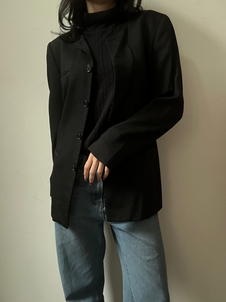 Vintage Striped Collarless Black Wool Blazer Size Small