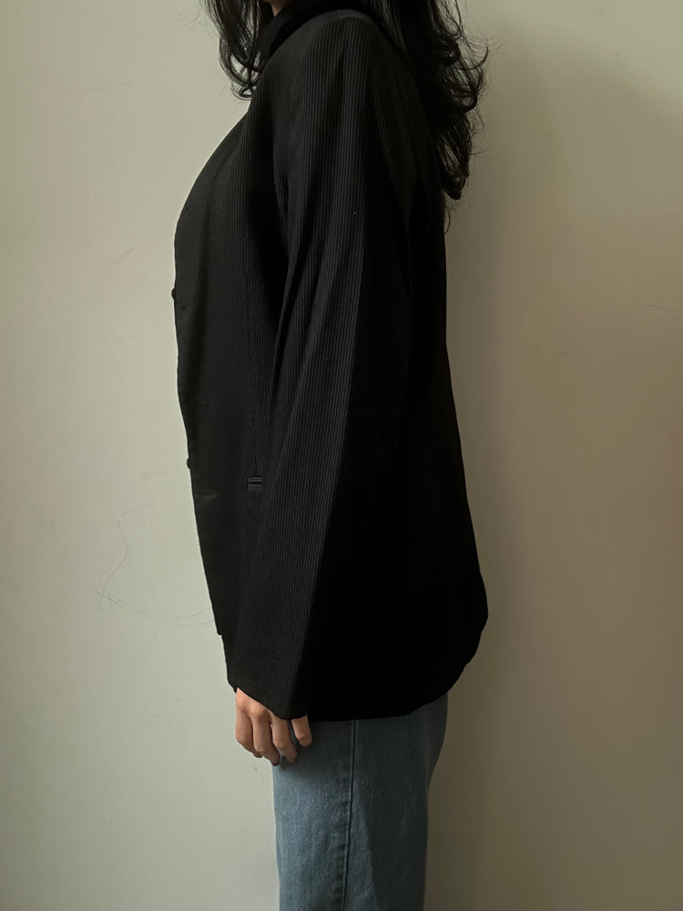 Vintage Striped Collarless Black Wool Blazer Size Small