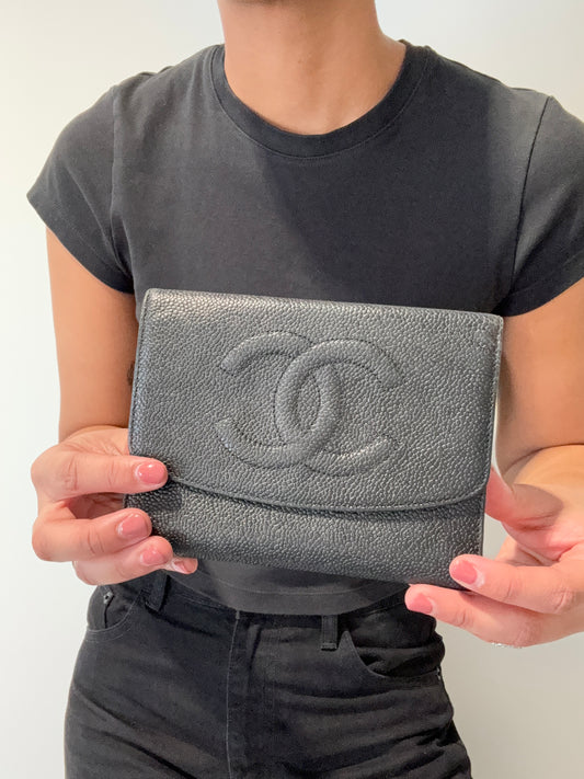 Vintage Chanel Black Caviar Leather Wallet