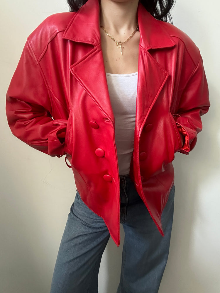 Vintage Red Leather Double-Breasted Jacket Size Medium