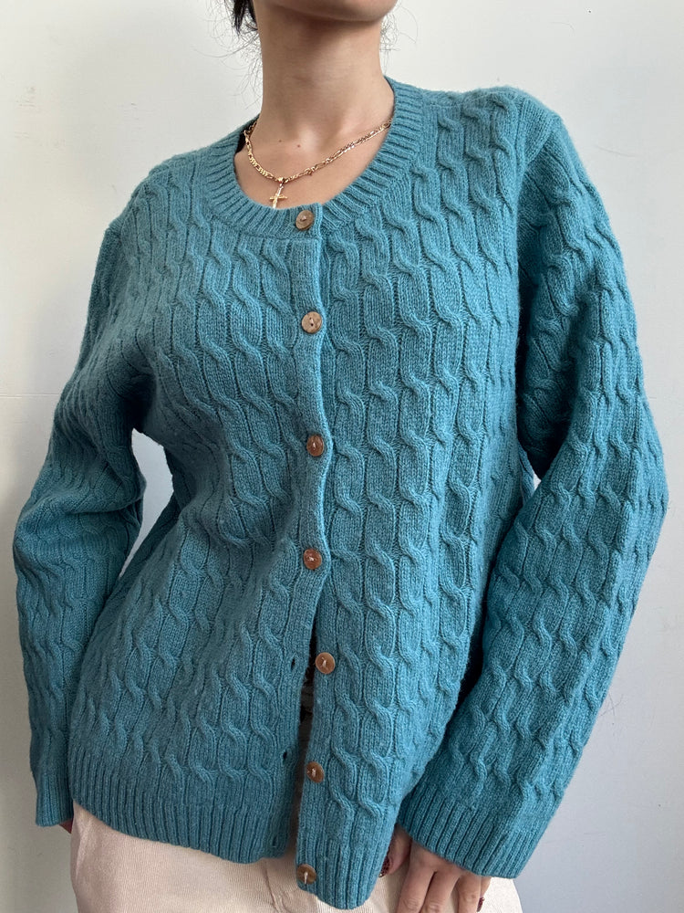 Vintage Teal Cable Knit Wool Cardigan Size XL