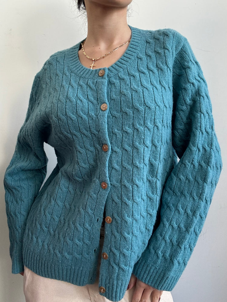 Vintage Teal Cable Knit Wool Cardigan Size XL