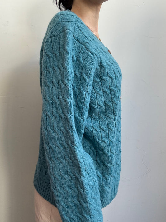 Vintage Teal Cable Knit Wool Cardigan Size XL