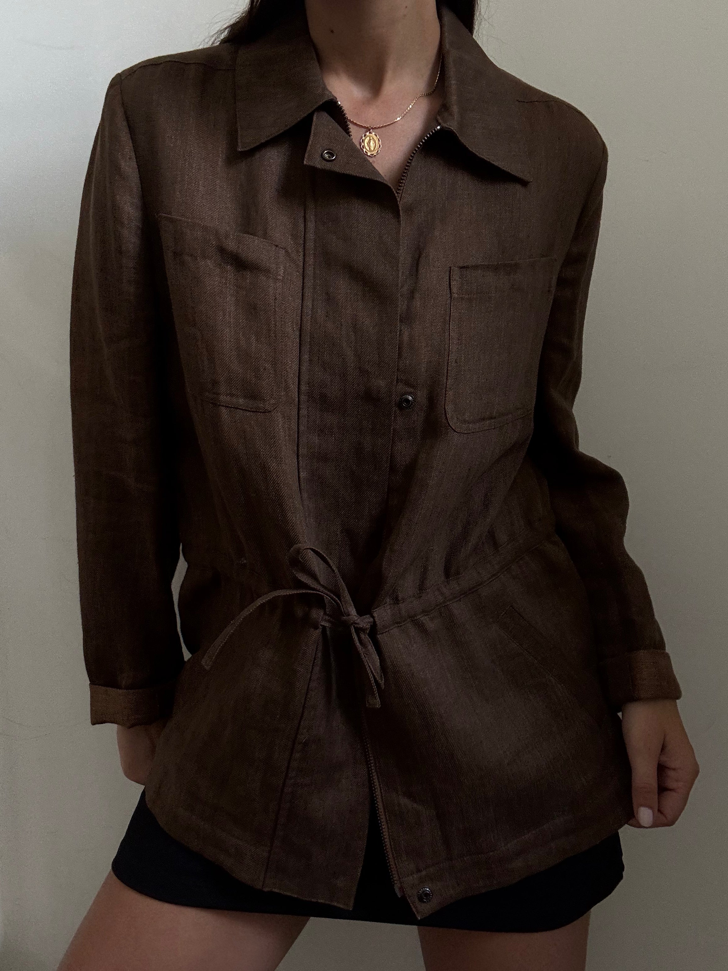 Vintage Brown Linen Cinched Jacket Size Medium